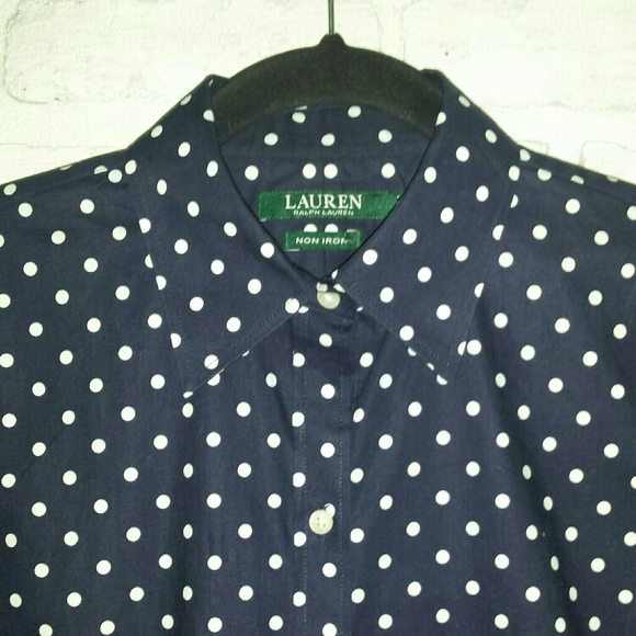 Lauren Ralph Lauren Navy Blue Polkadot Non Iron Button Down Shirt S - Picture 6 of 13